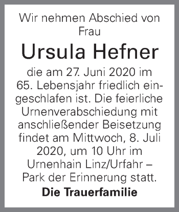 Traueranzeige von Ursula Hefner von OÖNachrichten
