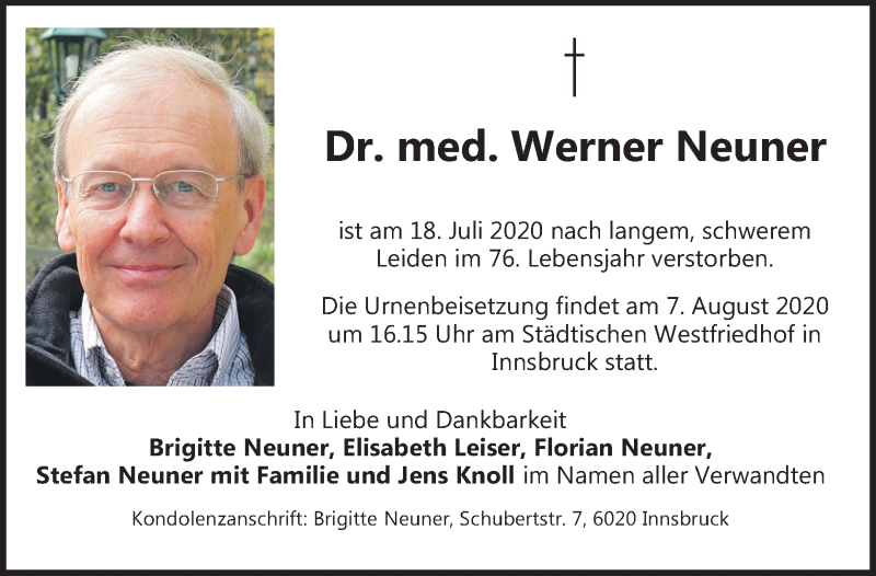 Traueranzeige für Werner Neuner vom 31.07.2020 aus OÖNachrichten