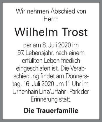 Traueranzeige von Wilhelm Trost von OÖNachrichten