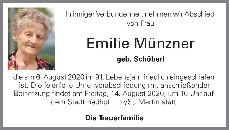  Traueranzeige für Emilie Münzner vom 08.08.2020 aus OÖNachrichten