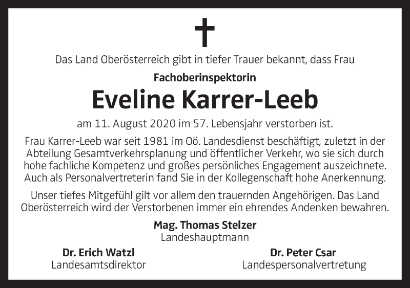  Traueranzeige für Eveline Karrer-Leeb vom 14.08.2020 aus OÖNachrichten
