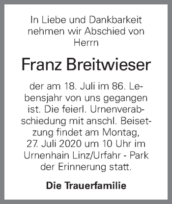 Traueranzeige von Franz Breitwieser von OÖNachrichten