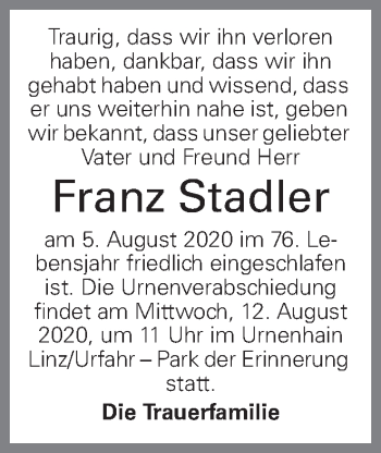 Traueranzeige von Franz Stadler von OÖNachrichten