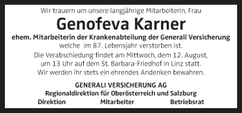 Traueranzeige von Genofeva Karner von OÖNachrichten