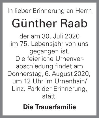 Traueranzeige von Günther Raab von OÖNachrichten