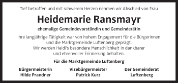 Traueranzeige von Heidemarie Ransmayr von OÖNachrichten