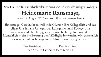 Traueranzeige von Heidemarie Ransmayr von OÖNachrichten