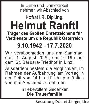 Traueranzeige von Helmut Ranftl von OÖNachrichten