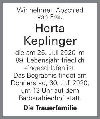 Traueranzeige von Herta Keplinger von OÖNachrichten