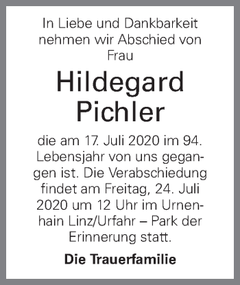 Traueranzeige von Hildegard Pichler von OÖNachrichten
