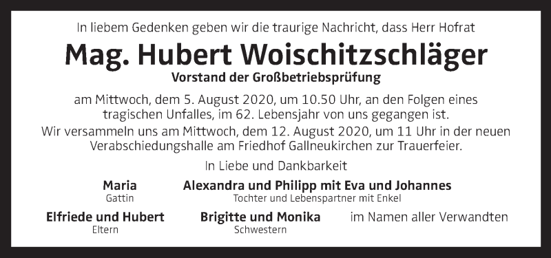  Traueranzeige für Hubert Woischitzschläger vom 08.08.2020 aus OÖNachrichten