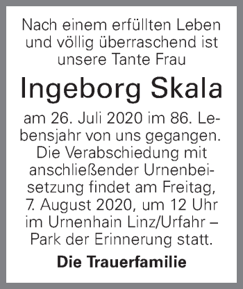 Traueranzeige von Ingeborg Skala von OÖNachrichten