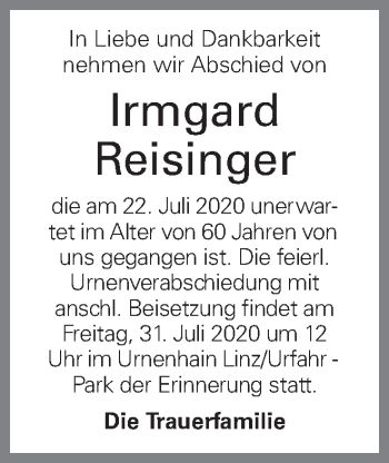 Traueranzeige von Irmgard Reisinger von OÖNachrichten