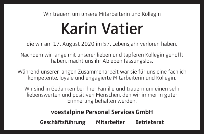  Traueranzeige für Karin Vatier vom 22.08.2020 aus OÖNachrichten
