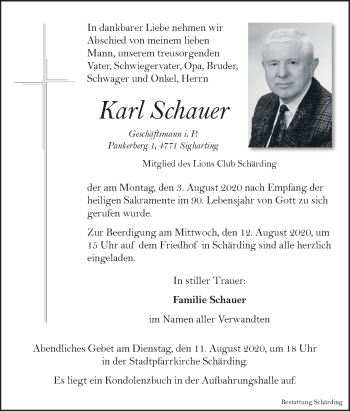 Traueranzeige von Karl Schauer von OÖNachrichten