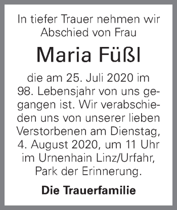 Traueranzeige von Maria Füßl von OÖNachrichten