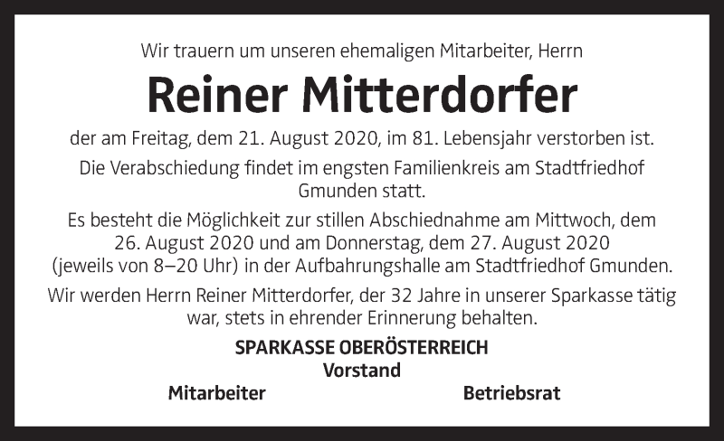  Traueranzeige für Reiner Mitterdorfer vom 25.08.2020 aus OÖNachrichten