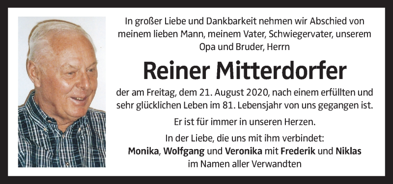  Traueranzeige für Reiner Mitterdorfer vom 29.08.2020 aus OÖNachrichten