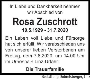 Traueranzeige von Rosa Zuschrott von OÖNachrichten