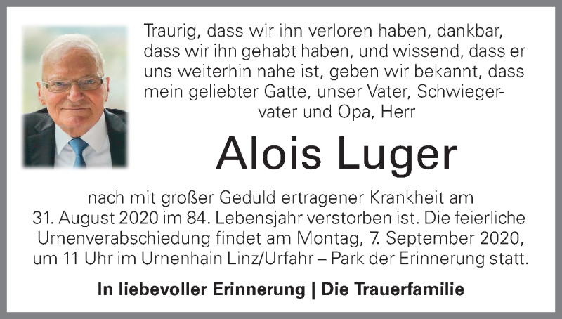  Traueranzeige für Alois Luger vom 05.09.2020 aus OÖNachrichten