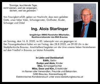 Traueranzeige von Alois Starlinger von OÖNachrichten