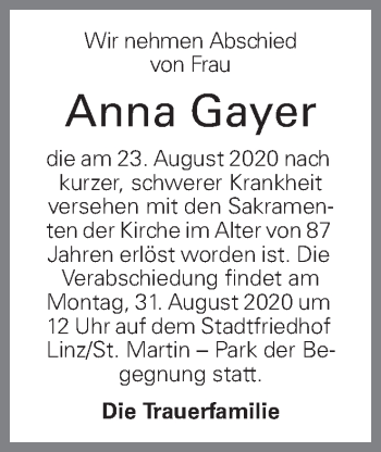 Traueranzeige von Anna Gayer von OÖNachrichten