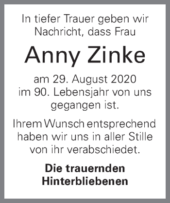 Traueranzeige von Anny Zinke von OÖNachrichten