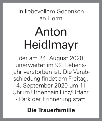 Traueranzeige von Anton Heidlmayr von OÖNachrichten