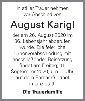 Traueranzeige von August Karigl von OÖNachrichten