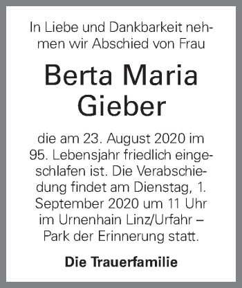 Traueranzeige von Berta Maria Gieber von OÖNachrichten