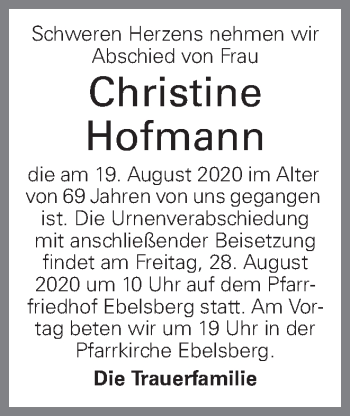Traueranzeige von Christine Hofmann von OÖNachrichten