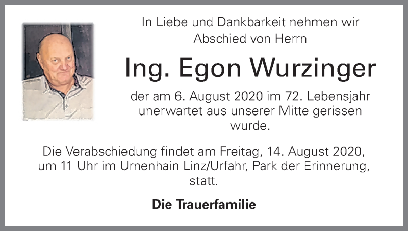  Traueranzeige für Egon Wurzinger vom 22.08.2020 aus OÖNachrichten