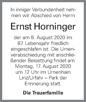 Traueranzeige von Ernst Horninger von OÖNachrichten