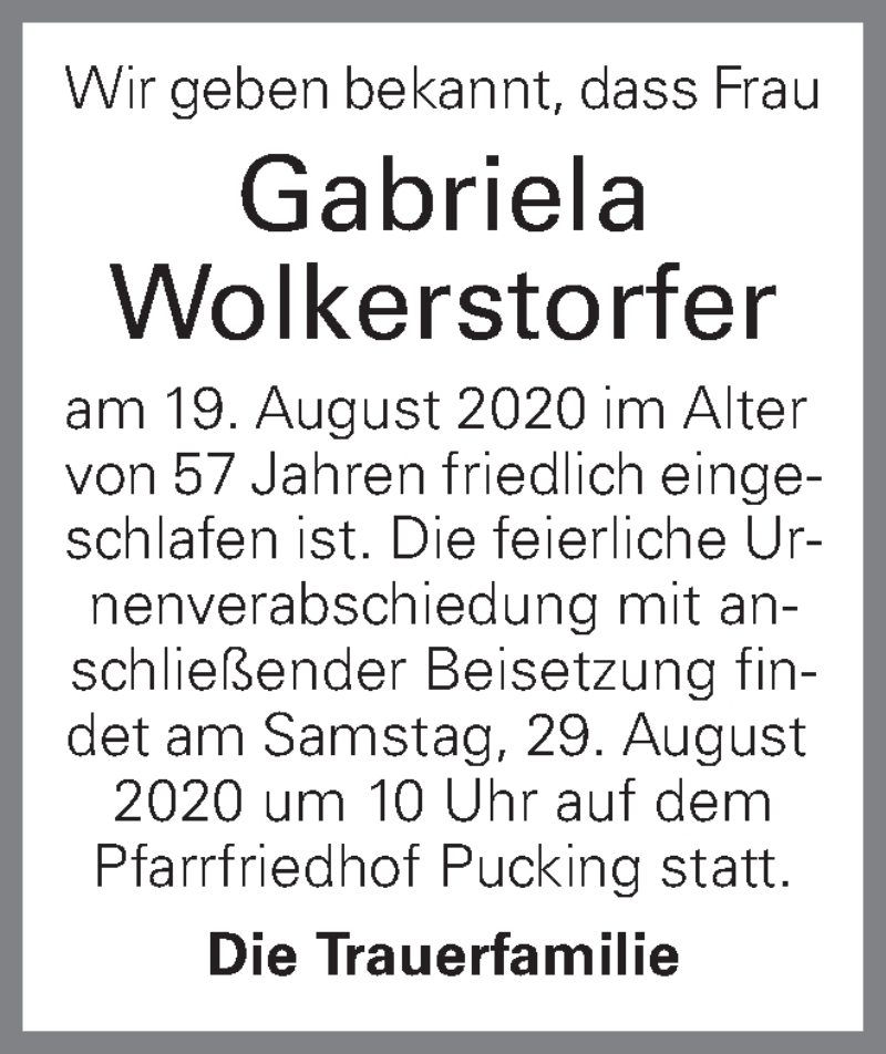  Traueranzeige für Gabriela Wolkerstorfer vom 26.08.2020 aus OÖNachrichten