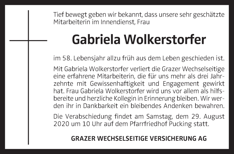  Traueranzeige für Gabriela Wolkerstorfer vom 27.08.2020 aus OÖNachrichten