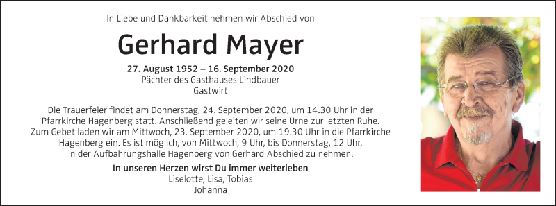  Traueranzeige für Gerhard Mayer vom 22.09.2020 aus OÖNachrichten