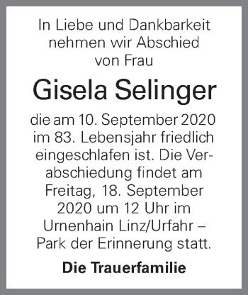 Traueranzeige von Gisela Selinger von OÖNachrichten