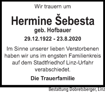 Traueranzeige von Hermine Šebesta von OÖNachrichten