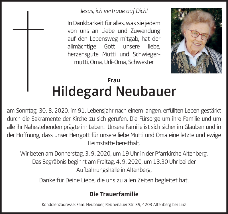  Traueranzeige für Hildegard Neubauer vom 03.09.2020 aus OÖNachrichten