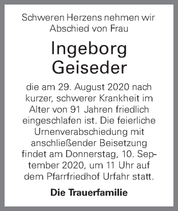Traueranzeige von Ingeborg Geiseder von OÖNachrichten