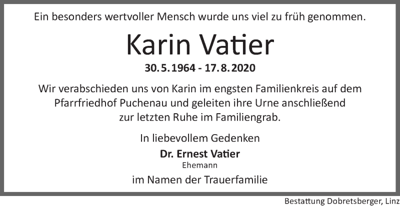  Traueranzeige für Karin Vatier vom 22.08.2020 aus OÖNachrichten