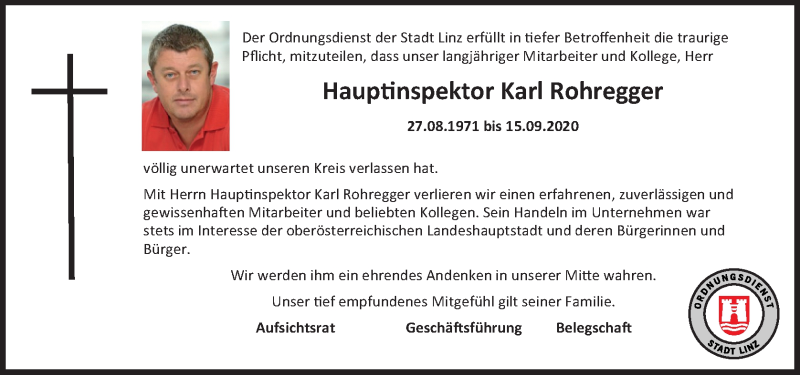  Traueranzeige für Karl Rohregger vom 18.09.2020 aus OÖNachrichten