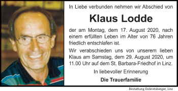 Traueranzeige von Klaus Lodde von OÖNachrichten