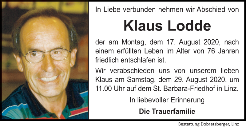  Traueranzeige für Klaus Lodde vom 22.08.2020 aus OÖNachrichten