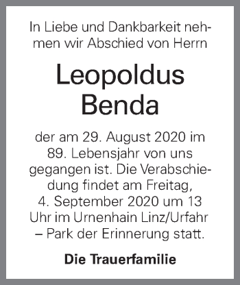 Traueranzeige von Leopoldus Benda von OÖNachrichten