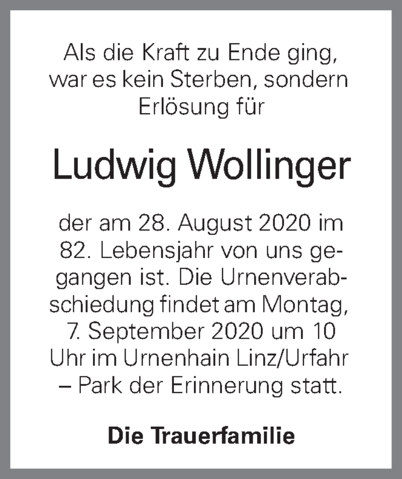  Traueranzeige für Ludwig Wollinger vom 03.09.2020 aus OÖNachrichten