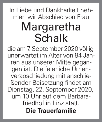 Traueranzeige von Margaretha Schalk von OÖNachrichten