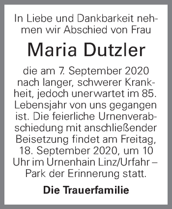 Traueranzeige von Maria Dutzler von OÖNachrichten