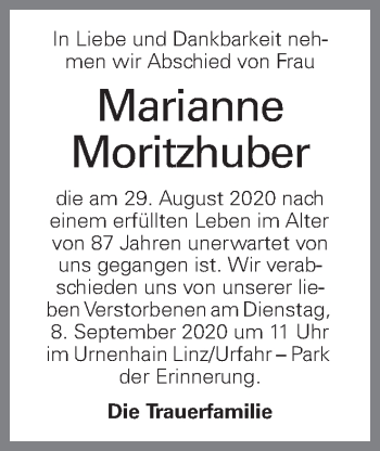 Traueranzeige von Marianne Moritzhuber von OÖNachrichten