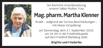 Traueranzeige von Martha Klenner von OÖNachrichten